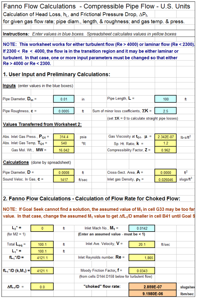 1D Compressible Flows Excel Spreadsheet Calculator