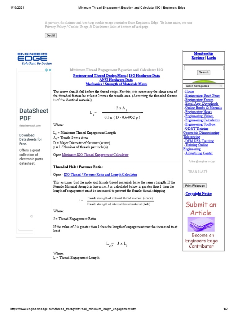 Minimum Thread Engagement Equation and Calculator ISO