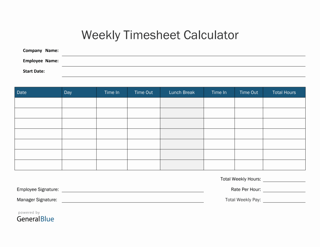 Weekly Hours Worked Timesheet Calculator
