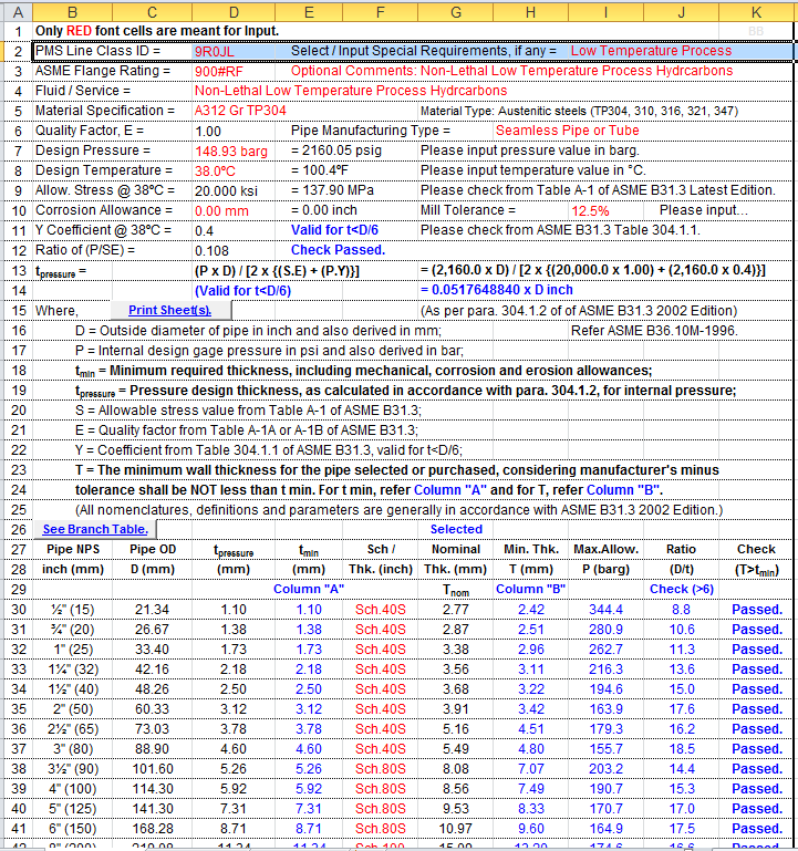 Weld Branch ASME B31.3 Excel Calculator Spreadsheet